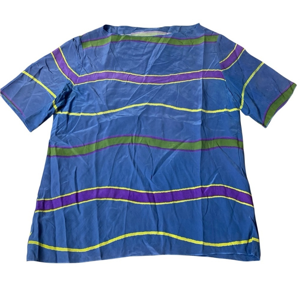 VINTAGE Oleg Cassini 100% Silk Wavy Stripe Blouse - Blue Purple Green - Med/Lg